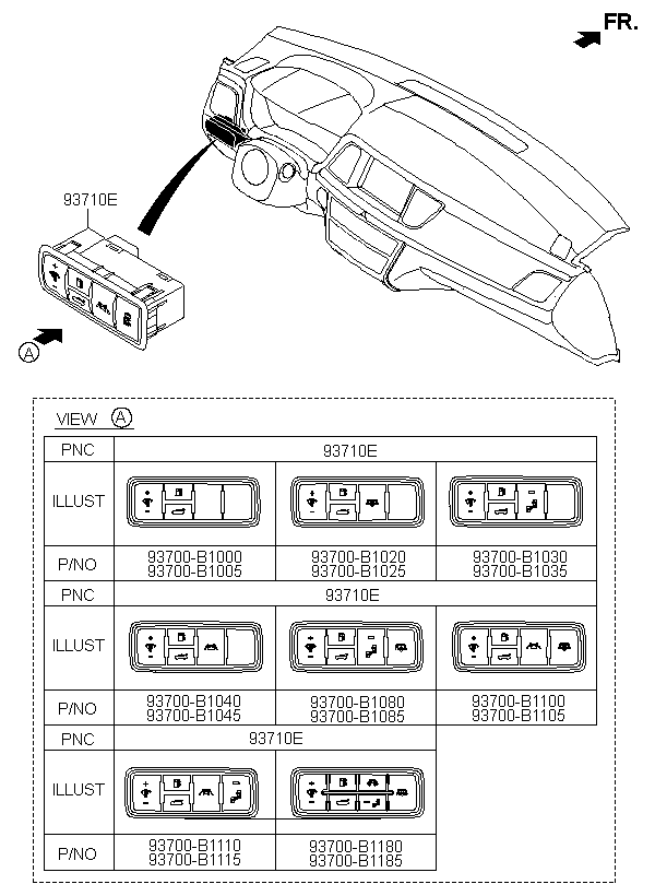 SWITCH ASSY-SIDE CRASH PAD, <span>93700B1185RNB, Main Group: ELECTRIC, Diagram: SWITCH, Location Of Picture: 93710E