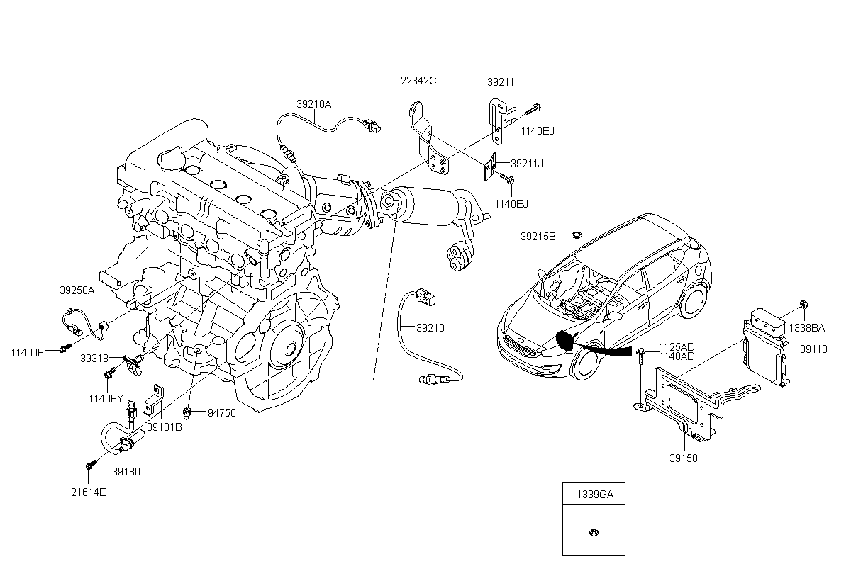 SENSOR ASSY-OXYGEN, <span>392102B290, Main Group: ENGINE, Diagram: ELECTRONIC CONTROL, Location Of Picture: 39210