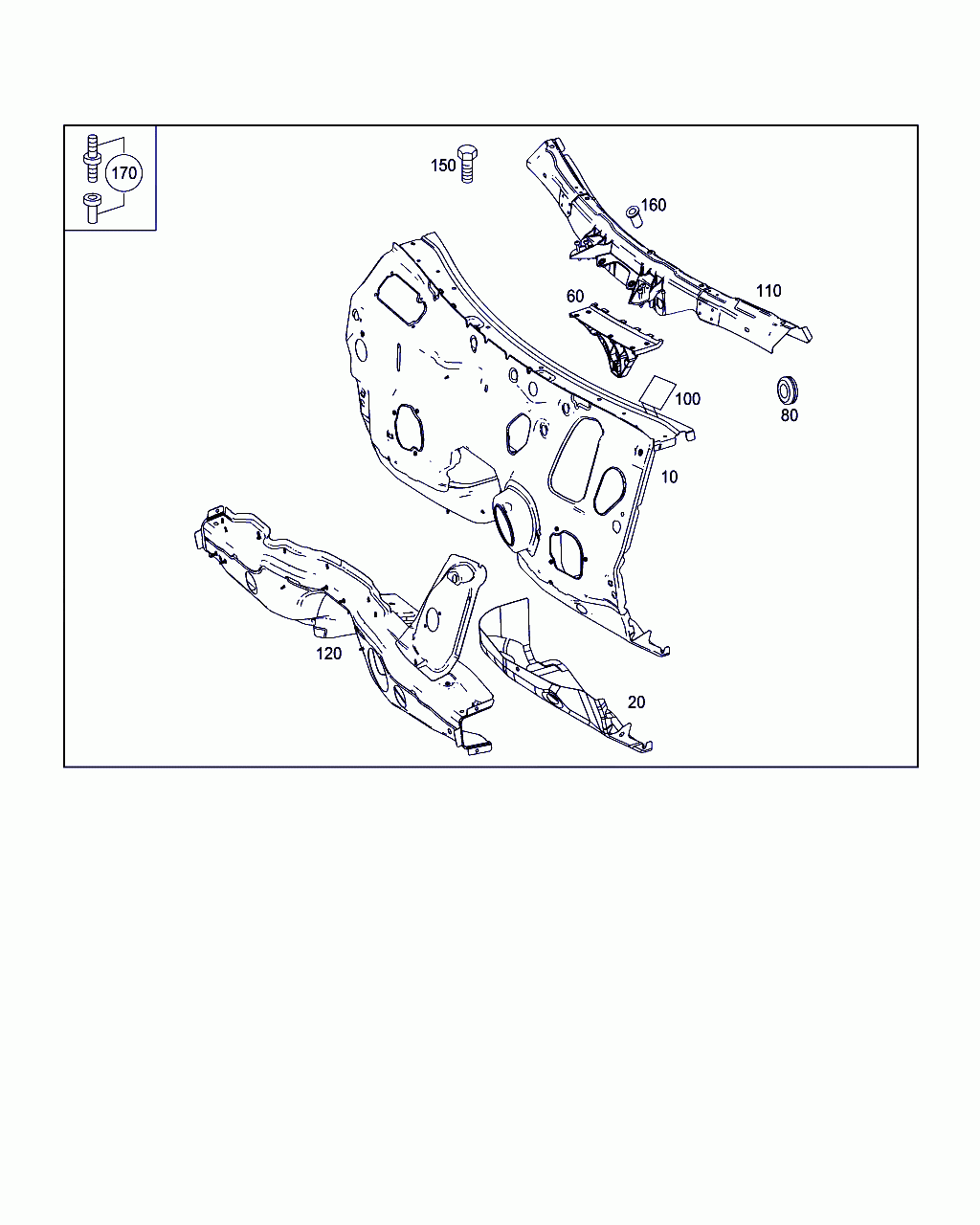 FIREWALL, <span>A 222 625 83 00, Main Group: Front End, Front Wall, Diagram: FIRE WALL AND CONNECTION PARTS, Location Of Picture: 20