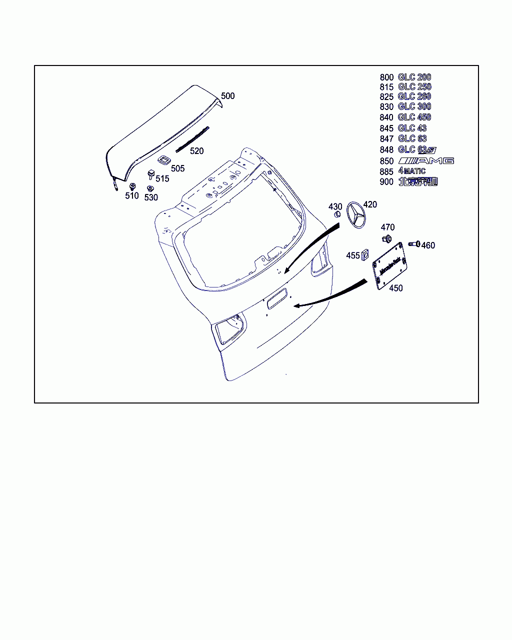 REAR SPOILER ATTACHMENT, <span>A 253 790 12 00, Main Group: Rear Panel Door, Diagram: REAR PANEL DOOR ATTACHMENT PARTS, REAR PANEL DOOR WINDOW, Location Of Picture: 500