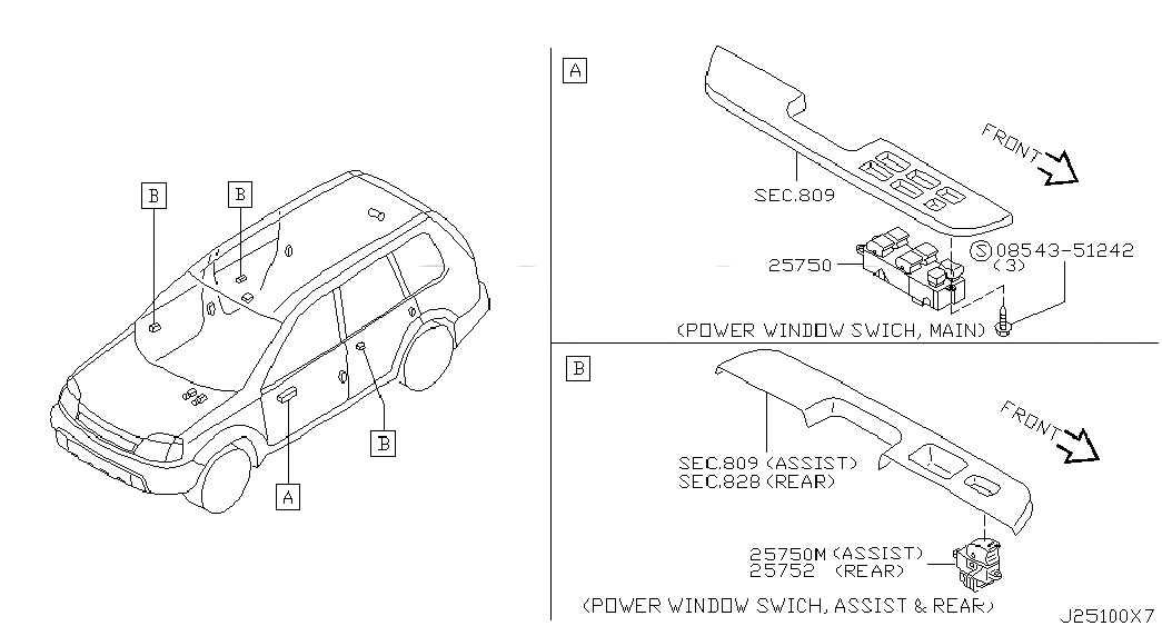 SWITCH ASSY-POWER WINDOW,MAIN, 25401EQ305, 主組: Body Electrical, 子組: SWITCH; BODY(2), 圖示位置: 25750