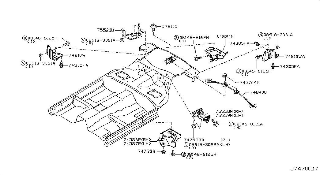 PROTECTOR-EVAP HOSE, 755B0CD000, 主組: Body(Front,roof & Floor), 子組: FLOOR FITTING; REAR EXC TWN, 圖示位置: 75520U