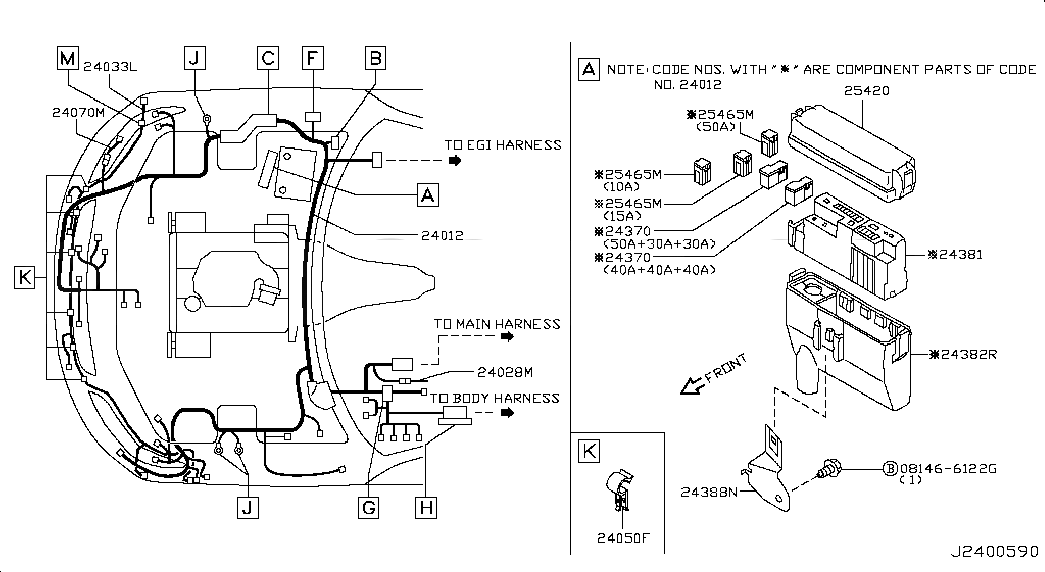 HARNESS-ENGINE ROOM, 24012CZ70A, 主組: Body Electrical, 子組: WIRING; ENGINE ROOM HARN-1, 圖示位置: 24012