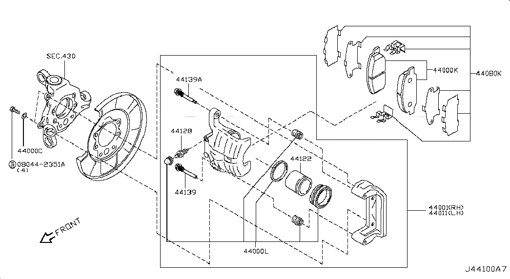 CALIPER ASSY-REAR LH,W/O PAD & SHIM, <span>44011CL70B, Main Group: Brake, Diagram: REAR BRAKE; DISC BRAKE, Location Of Picture: 44011