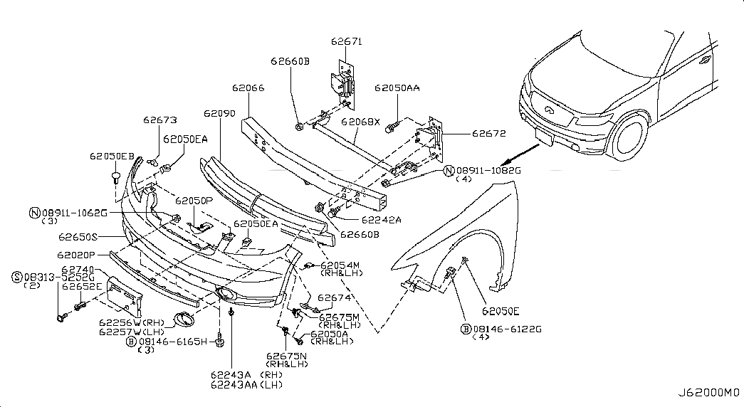 BRACKET-FRONT BUMPER,LOWER, 62225CG000, 主組: Body(Front,roof & Floor), 子組: FRONT BUMPER; CHINA, 圖示位置: 62675N