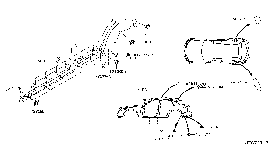 INSULATOR-REAR WHEEL HOUSE,OUTER, <span>74973AQ000, Main Group: Body(Side & Rear), Diagram: BODY SIDE FITTING; PLUG & INSULATOR, Location Of Picture: 74973NA
