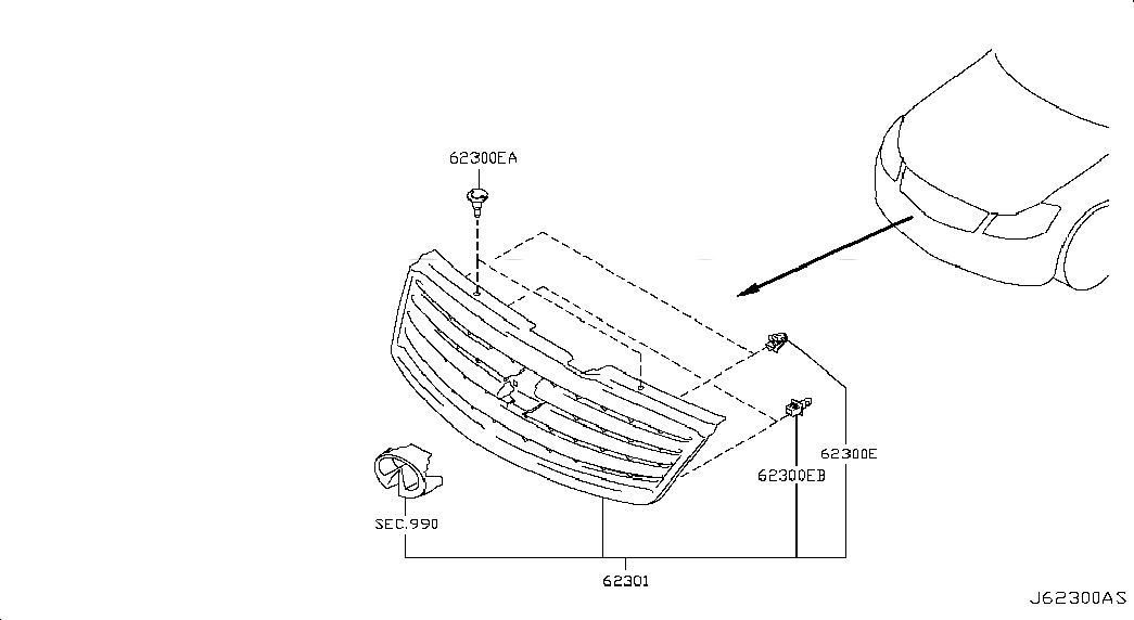 GRILLE ASSY-FRONT, <span>62310EJ90B, Main Group: Body(Front,roof & Floor), Diagram: FRONT GRILLE; TAIWAN + KOREA + GCC, Location Of Picture: 62301
