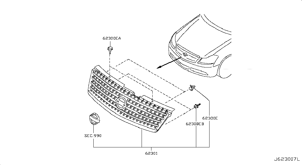CLIP, <span>62318EG00A, Main Group: Body(Front,roof & Floor), Diagram: FRONT GRILLE; CHINA, Location Of Picture: 62300EB