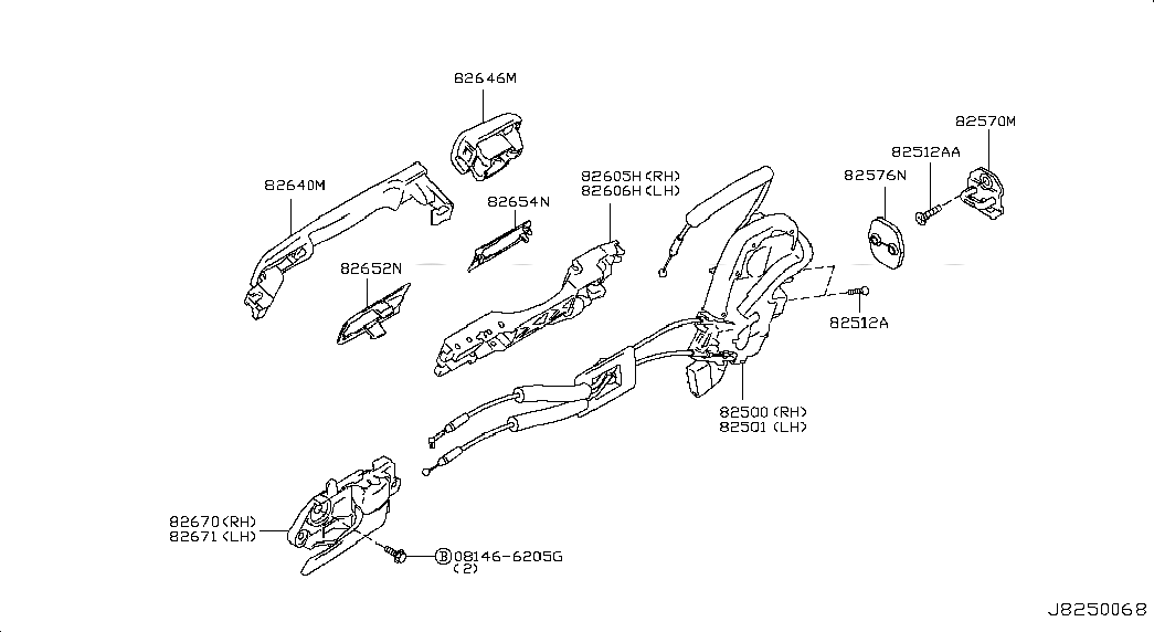BRACKET-OUTSIDE HANDLE,RH, 80611EG000, 主組: Body(Side & Rear), 子組: REAR DOOR LOCK & HANDLE, 圖示位置: 82605H
