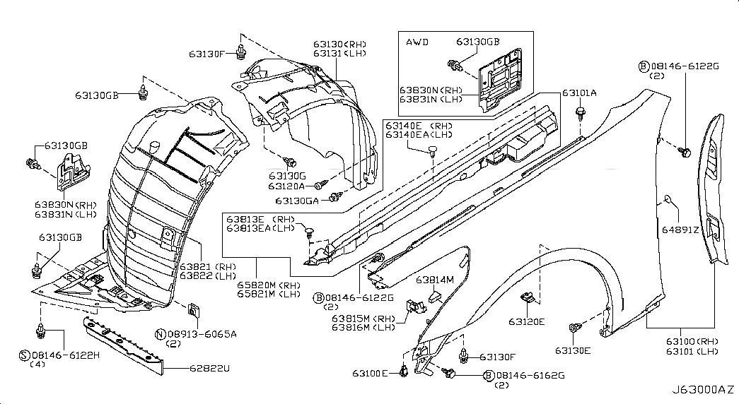 PROTECTOR-FRONT FENDER,FRONT LH, <span>63845JK000, Main Group: Body(Front,roof & Floor), Diagram: FRONT FENDER & FITTING, Location Of Picture: 63822