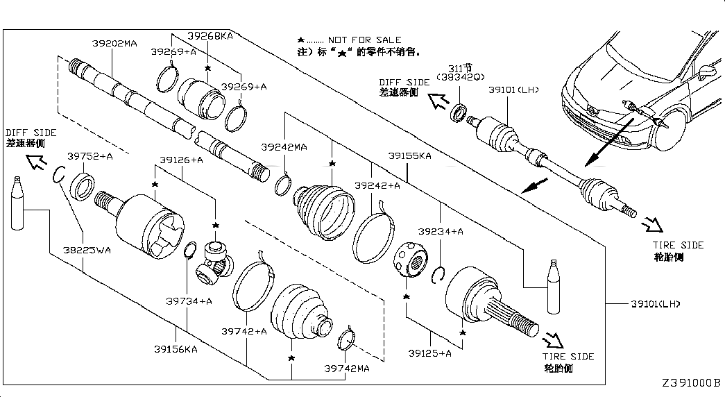 JOINT ASSY-OUTER, 39211ED50B, 主組: Power Train, 子組: FRONT DRIVE SHAFT (FF); LH SIDE, 圖示位置: 39125+A