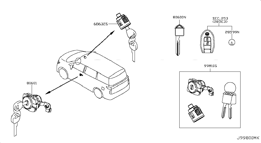 CYLINDER SET-DOOR LOCK,LH, <span>H0601JK60A, Main Group: Miscellaneous, Diagram: KEY SET & BLANK KEY, Location Of Picture: 80601