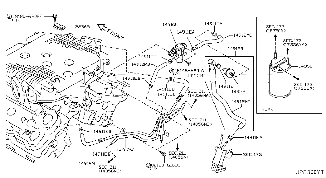 EVAP CONTROL SYSTEM PRESSURE SENSOR, 22365EY00A, 主組: Engine Electrical, 子組: ENGINE CONTROL VACUUM PIPING; EVAP PIPING & CANISTER(W/O KNOB), 圖示位置: 22365
