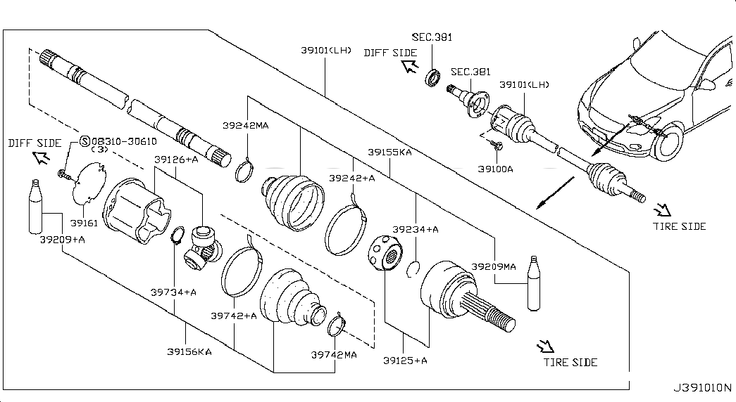SHAFT ASSY-FRONT DRIVE,LH, <span>39101EJ71A, Main Group: Power Train, Diagram: FRONT DRIVE SHAFT (FF); LH SIDE, Location Of Picture: 39101