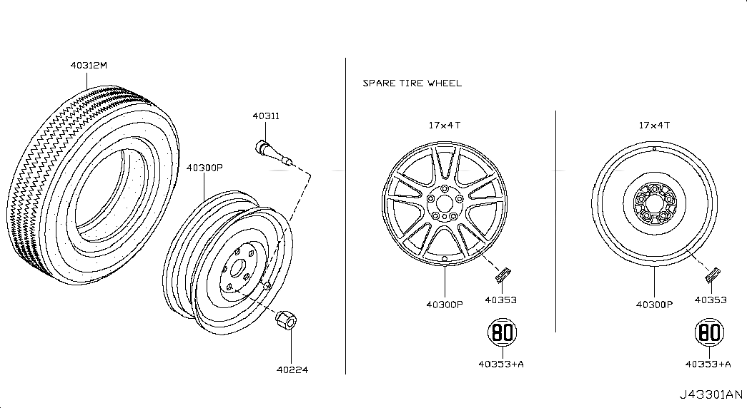 WHEEL ASSY-SPARE TIRE, <span>40300JK00A, Main Group: Axle & Suspension, Diagram: ROAD WHEEL & TIRE; SPARE WHEEL, Location Of Picture: 40300P