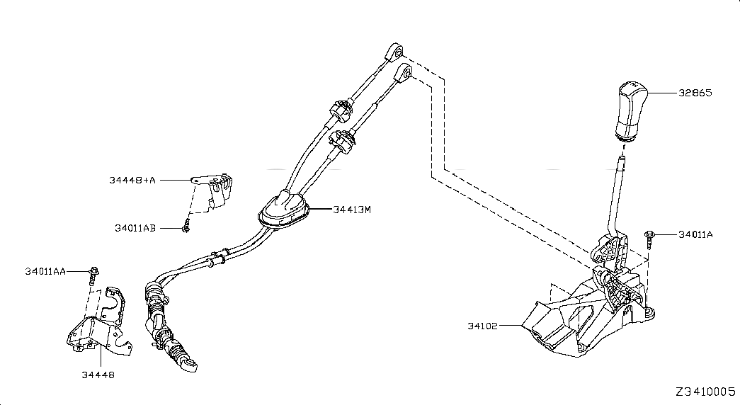 CABLE ASSY-CONTROL,MANUAL TRANSMISSION, 34413JE30A, 主組: Power Train, 子組: TRANSMISSION CONTROL & LINKAGE, 圖示位置: 34413M