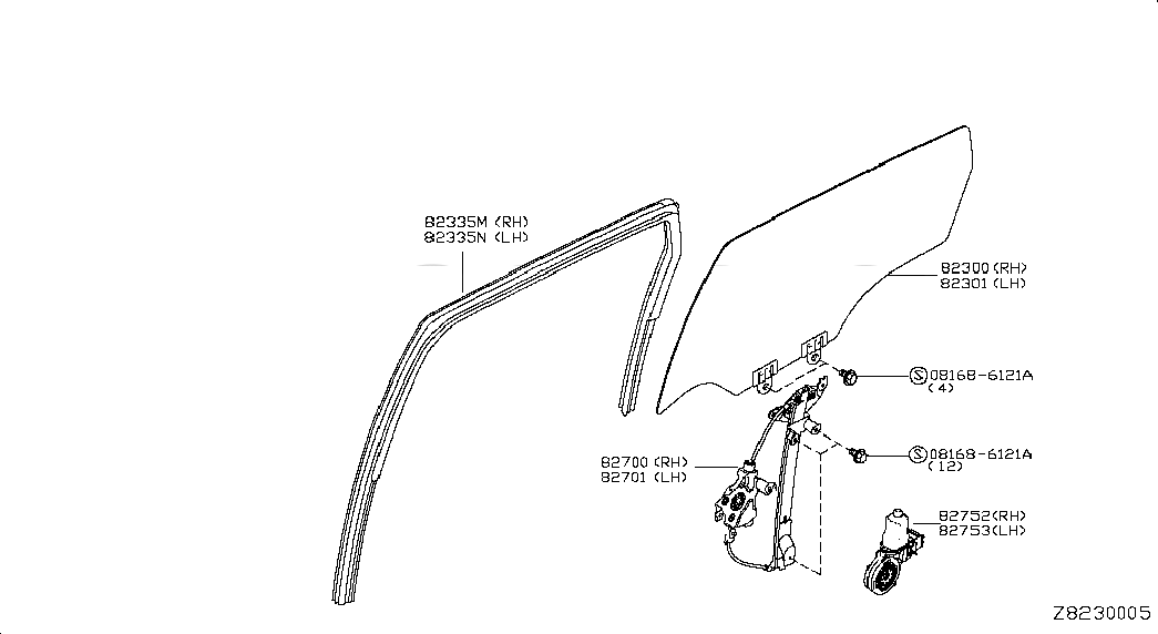 GLASS RUN RUBBER-REAR DOOR WINDOW,RH, <span>82330JE20A, Main Group: Body(Side & Rear), Diagram: REAR DOOR WINDOW & REGULATOR, Location Of Picture: 82335M
