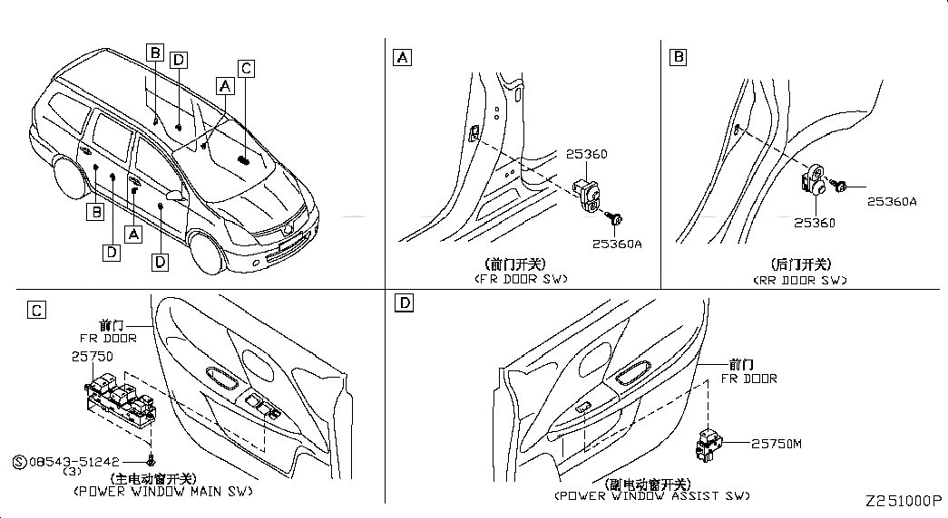 SWITCH ASSY-POWER WINDOW,MAIN, 25401CJ01A, 主組: Body Electrical, 子組: SWITCH; BODY, 圖示位置: 25750