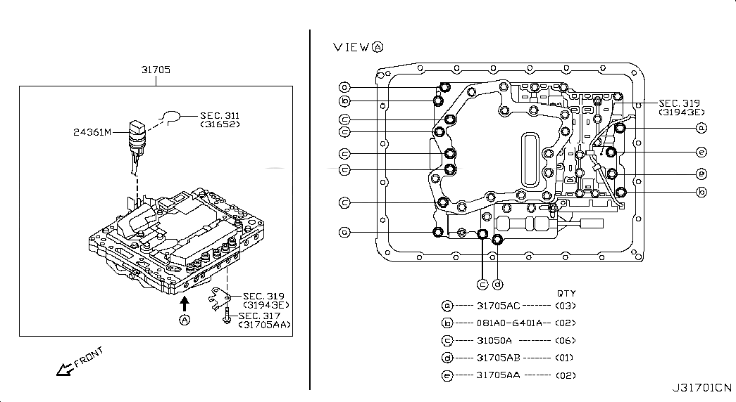 VALVE ASSY-CONTROL, 317051XR3A, 主組: Power Train, 子組: CONTROL VALVE (ATM), 圖示位置: 31705