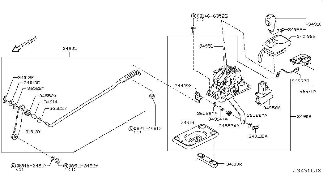 DEVICE ASSY-TRANSMISSION CONTROL, 349011CA1B, 主組: Power Train, 子組: AUTO TRANSMISSION CONTROL DEVICE, 圖示位置: 34902