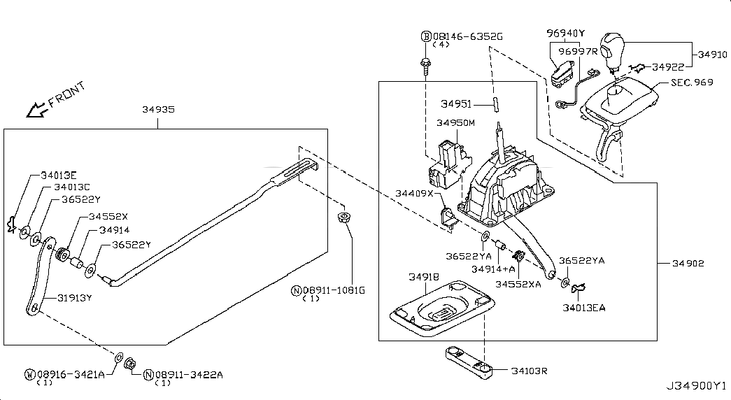 DEVICE ASSY-TRANSMISSION CONTROL, 349011CA1C, 主組: Power Train, 子組: AUTO TRANSMISSION CONTROL DEVICE, 圖示位置: 34902