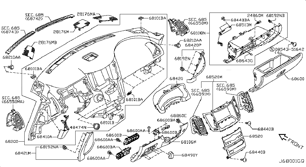 PANEL & PAD ASSY-INSTRUMENT, 682001CA0B, 主組: Body(Front,roof & Floor), 子組: INSTRUMENT PANEL,PAD & CLUSTER LID; INST PAD & CLUSTER LID, 圖示位置: 68200