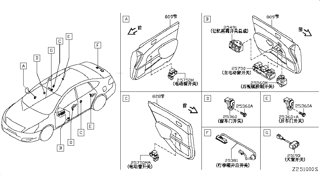 SWITCH ASSY-POWER WINDOW,MAIN, 25401JN01A, 主組: Body Electrical, 子組: SWITCH; BODY-1, 圖示位置: 25750