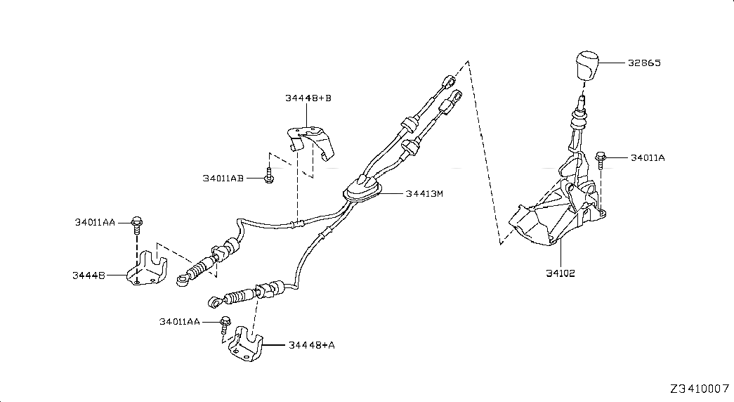 CABLE ASSY-CONTROL,MANUAL TRANSMISSION, 344131DA0A, 主組: Power Train, 子組: TRANSMISSION CONTROL & LINKAGE, 圖示位置: 34413M