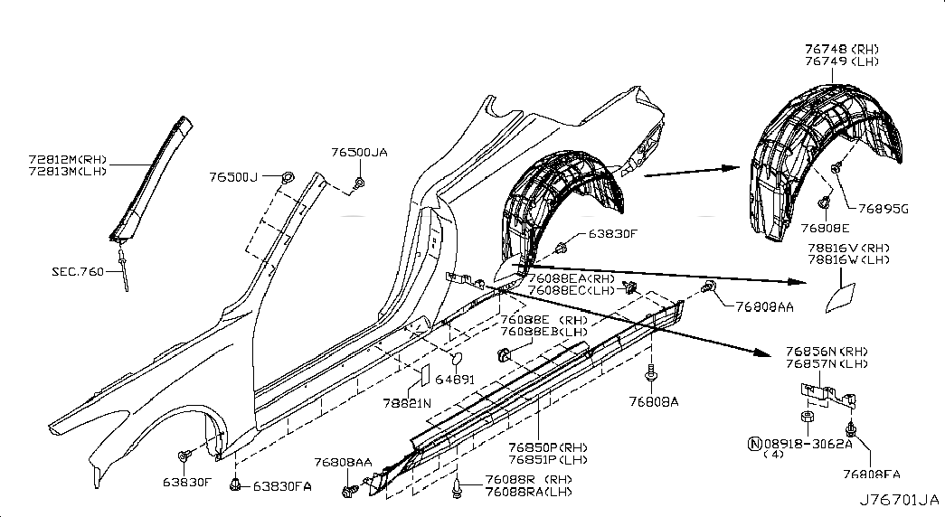 RIVET, 93879KD30A, 主組: Body(Side & Rear), 子組: BODY SIDE FITTING; FITTING PARTS, 圖示位置: 76088R