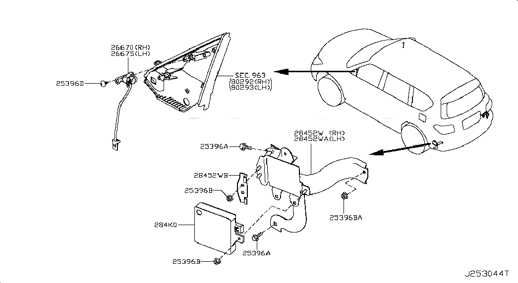 SENSOR ASSY-SIDE OBSTACLE WARNING, 284K03JA4C, 主組: Body Electrical, 子組: ELECTRICAL UNIT; BODY-3, 圖示位置: 284K0