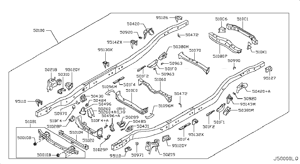 BRACKET ASSY-STABILIZER MOUNTING,LH, 504311LB0A, 主組: Body(Front,roof & Floor), 子組: FRAME; FRAME ASSY & SIDE MEMBER, 圖示位置: 50431