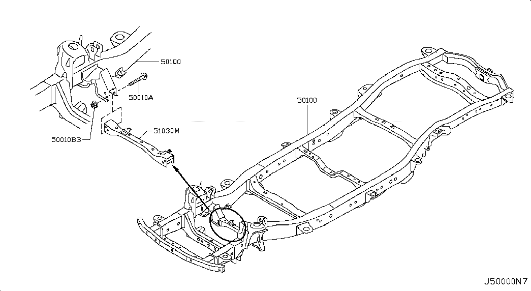 FRAME ASSY, 501001LA1C, 主組: Body(Front,roof & Floor), 子組: FRAME; FRONT SIDE, 圖示位置: 50100