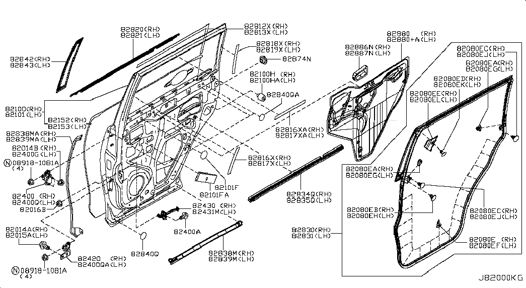 MOULDING-REAR DOOR OUTSIDE,RH, 828201LA1A, 主組: Body(Side & Rear), 子組: REAR DOOR PANEL & FITTING, 圖示位置: 82820