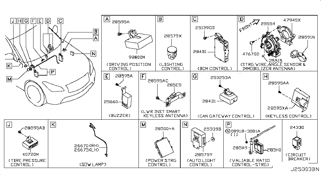 CONTROLLER ASSY-AUTO LIGHT, 253C01MK0A, 主組: Body Electrical, 子組: ELECTRICAL UNIT; INST & DASH, 圖示位置: 28575Y