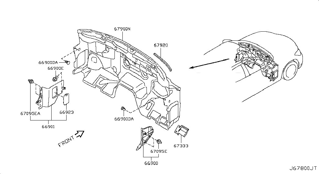 INSULATOR-DASH LOWER, 679001MA0A, 主組: Body(Front,roof & Floor), 子組: DASH TRIMMING & FITTING, 圖示位置: 67900N