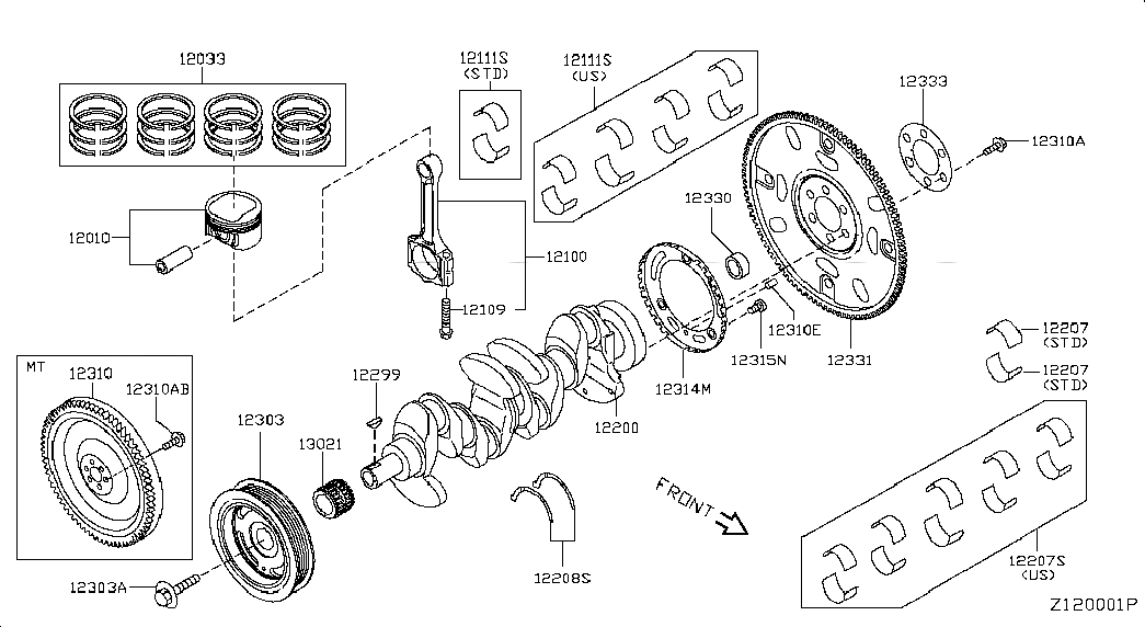 BEARING SET-CONNECTING ROD, 121501HS3C, 主組: Engine Mechanical, 子組: PISTON,CRANKSHAFT & FLYWHEEL; ILLUSTRATION, 圖示位置: 12111S