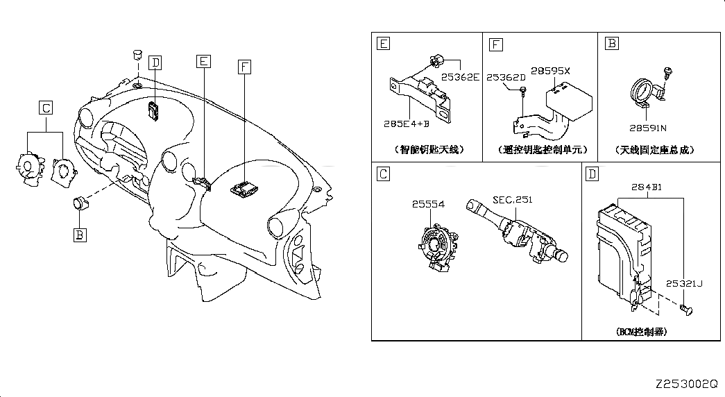 CONTROLLER ASSY-KEYLESS, 285951HA0A, 主組: Body Electrical, 子組: ELECTRICAL UNIT; INST & DASH, 圖示位置: 28595X