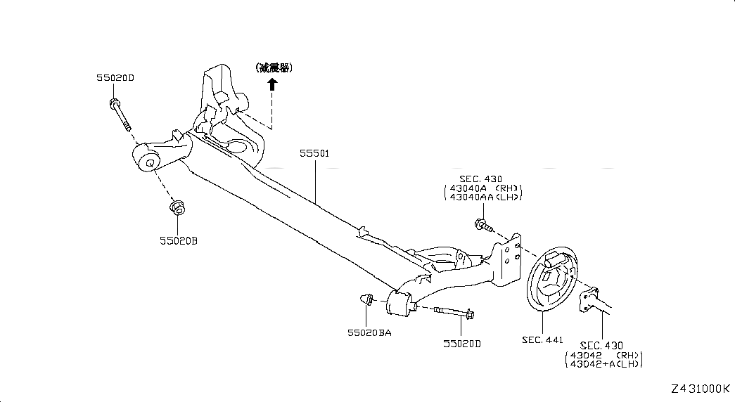 ARM ASSY-REAR SUSPENSION,RH, <span>555011HM1A, Main Group: Axle & Suspension, Diagram: REAR SUSPENSION; MEMBER, Location Of Picture: 55501