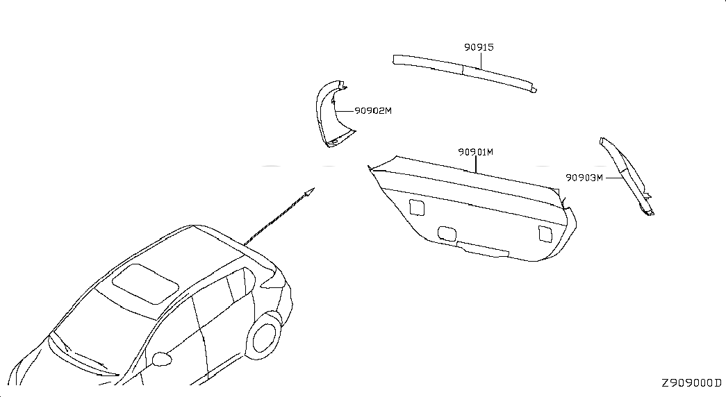 GARNISH ASSY-BACK DOOR SIDE,RH, 909022FJ0A, 主組: Body(Back Door & Rear Body), 子組: BACK DOOR TRIMMING, 圖示位置: 90902M