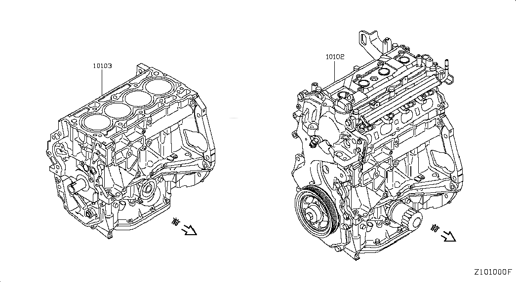 ENGINE ASSY-BARE, 101023AB0F, 主組: Engine Mechanical, 子組: BARE & SHORT ENGINE, 圖示位置: 10102