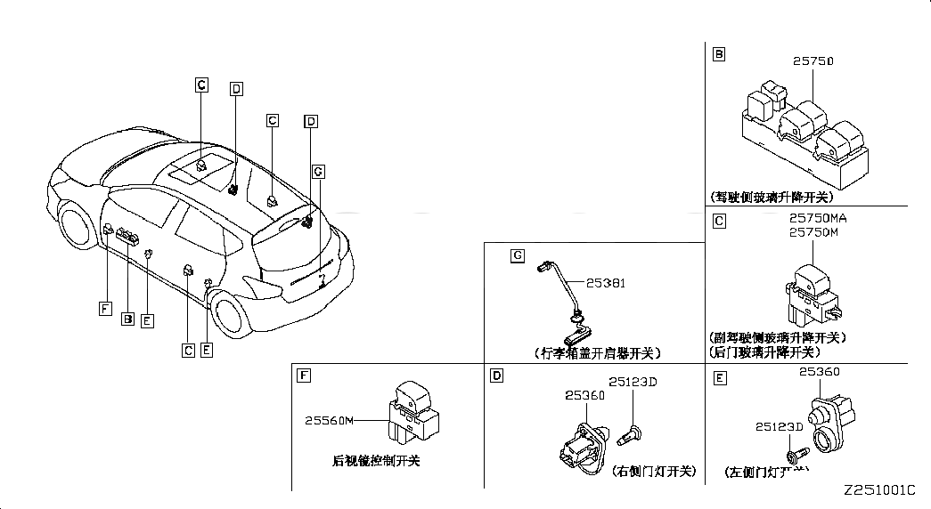 SWITCH ASSY-POWER WINDOW,MAIN, 254013DF0A, 主組: Body Electrical, 子組: SWITCH; BODY-1, 圖示位置: 25750