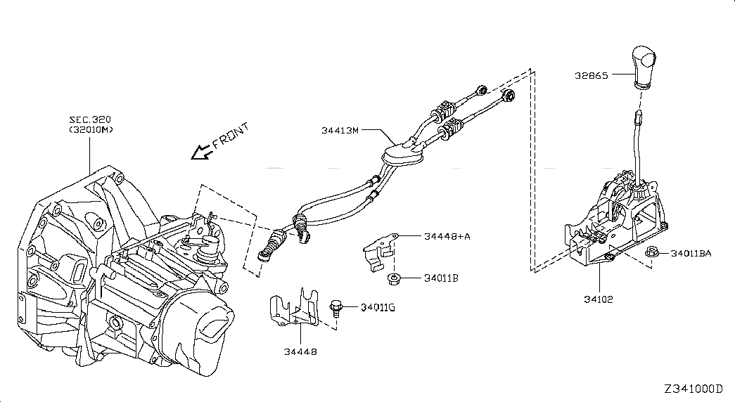 CABLE ASSY-CONTROL,MANUAL TRANSMISSION, 344132FP0A, 主組: Power Train, 子組: TRANSMISSION CONTROL & LINKAGE, 圖示位置: 34413M