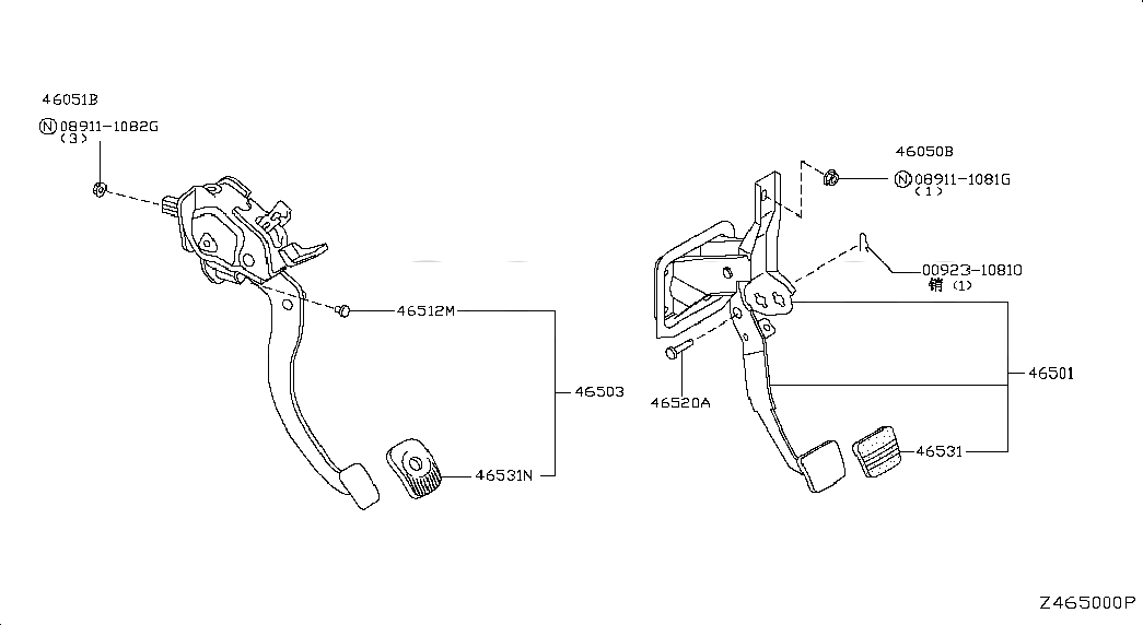 PEDAL ASSY-CLUTCH W/BRACKET, 465031KA2B, 主組: Brake, 子組: BRAKE & CLUTCH PEDAL, 圖示位置: 46503