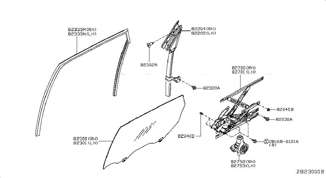GLASS ASSY-REAR DOOR WINDOW,RH, <span>823003DN1A, Main Group: Body(Side & Rear), Diagram: REAR DOOR WINDOW & REGULATOR, Location Of Picture: 82300