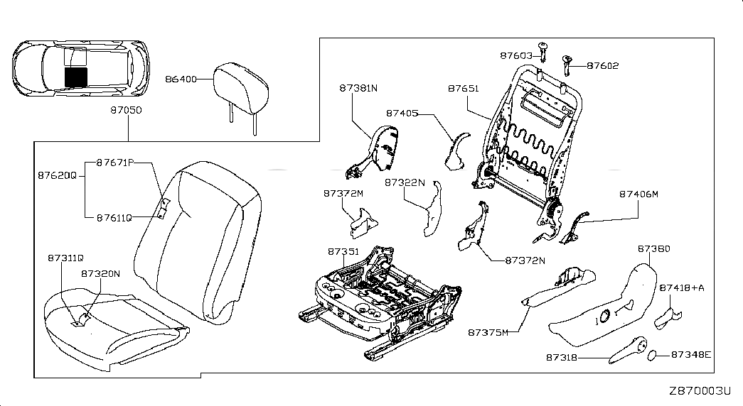 TRIM ASSY-FRONT SEAT BACK,INNER LH, 876713DG0B, 主組: Seat & Seat Belt, 子組: FRONT SEAT; LH SEAT, 圖示位置: 87671P
