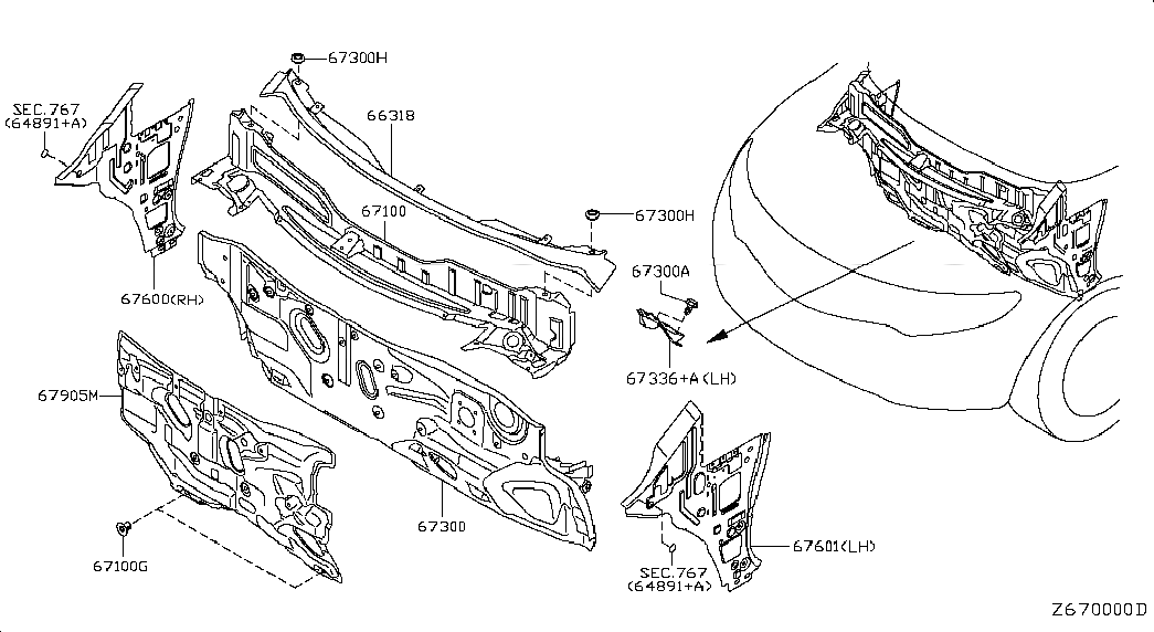 DASH-SIDE,RH, <span>676001AA0A, Main Group: Body(Front,roof & Floor), Diagram: DASH PANEL & FITTING, Location Of Picture: 67600