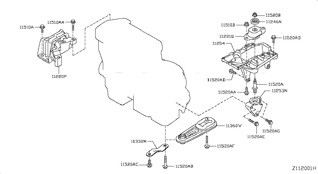 SUPPORT-ENGINE MOUNTING,LH, 112543DA0A, 主組: Engine Mechanical, 子組: ENGINE & TRANSMISSION     MOUNTING, 圖示位置: 11254