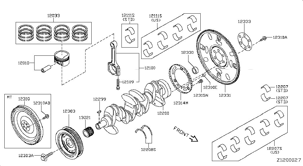 RING SET-PISTON, 120331KA0A, 主組: Engine Mechanical, 子組: PISTON,CRANKSHAFT & FLYWHEEL; ILLUSTRATION, 圖示位置: 12033