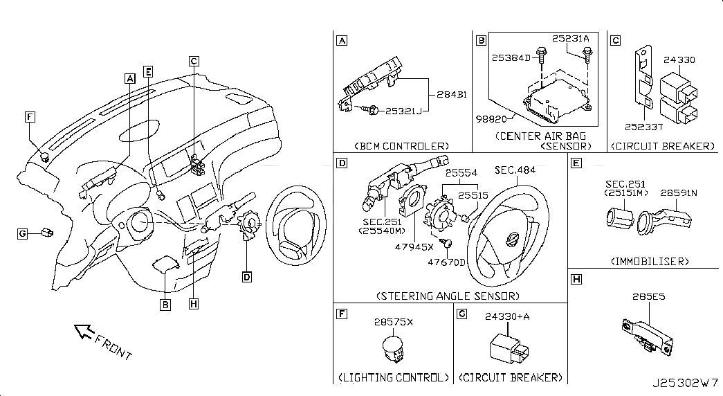 WIRE ASSY-STEERING AIR BAG, B55541PV8A, 主組: Body Electrical, 子組: ELECTRICAL UNIT; INST & DASH, 圖示位置: 25554