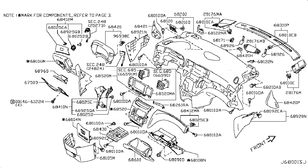 GARNISH ASSY-INSTRUMENT, <span>683101JA5C, Main Group: Body(Front,roof & Floor), Diagram: INSTRUMENT PANEL,PAD & CLUSTER LID; INST PAD & CLUSTER LID, Location Of Picture: 68310P